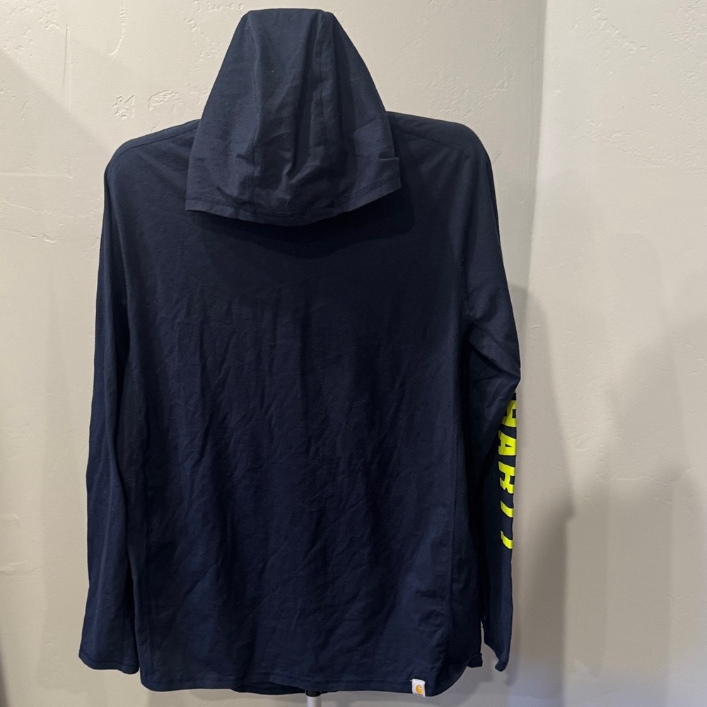 Carhartt Navy Hoodie long sleeve Tshirt with neon green/yellow logo- EUC Size L
